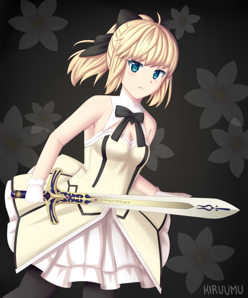 1girl artoria_pendragon_(all) black_bow blonde_hair bow breastplate caliburn dress eyebrows_visible_through_hair fate/grand_order fate/unlimited_codes fate_(series) faulds floating_hair gauntlets green_eyes hair_between_eyes hair_bow highres kiruumu long_hair looking_at_viewer outdoors petals ponytail saber_lily signature sleeveless sleeveless_dress solo standing sword weapon white_dress