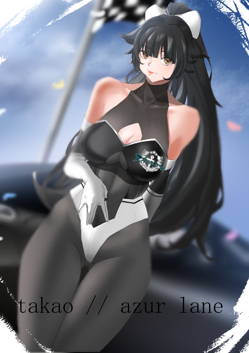 1girl absurdres azur_lane black_hair black_legwear bodystocking bow breasts brown_eyes cleavage_cutout clothing_cutout cowboy_shot hair_flaps highres large_breasts leaning_forward long_hair looking_at_viewer multicolored_leotard racequeen ribbon selly028_ simple_background solo takao_(azur_lane) takao_(full_throttle_charmer)_(azur_lane) thigh_gap two-tone_leotard umbrella white_background white_bow white_ribbon