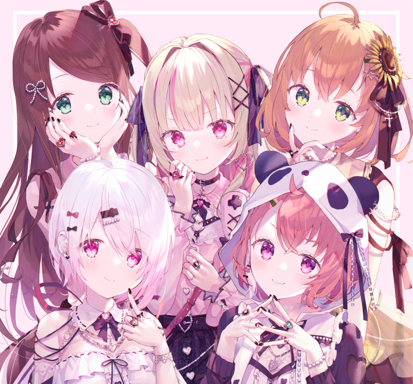 5girls akabane_youko alternate_costume collar commentary_request fingernails highres honma_himawari hood hooded_jacket jacket kappe_reeka long_hair looking_at_viewer makaino_ririmu multiple_girls nijisanji official_art sasaki_saku shiina_yuika simple_background smile virtual_youtuber white_background