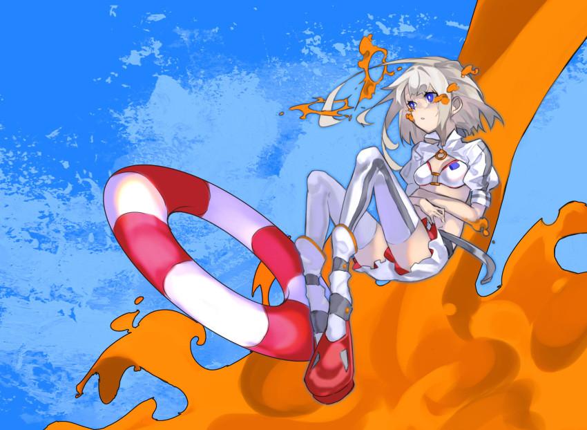 1girl balance_(superdust) blue_background blue_eyes boots bra breasts commentary full_body highres lifebuoy liquid miniskirt original parted_lips puffy_short_sleeves puffy_sleeves red_footwear short_hair short_sleeves shrug_(clothing) skirt small_breasts solo thigh-highs underwear white_bra white_footwear white_hair white_legwear white_skirt