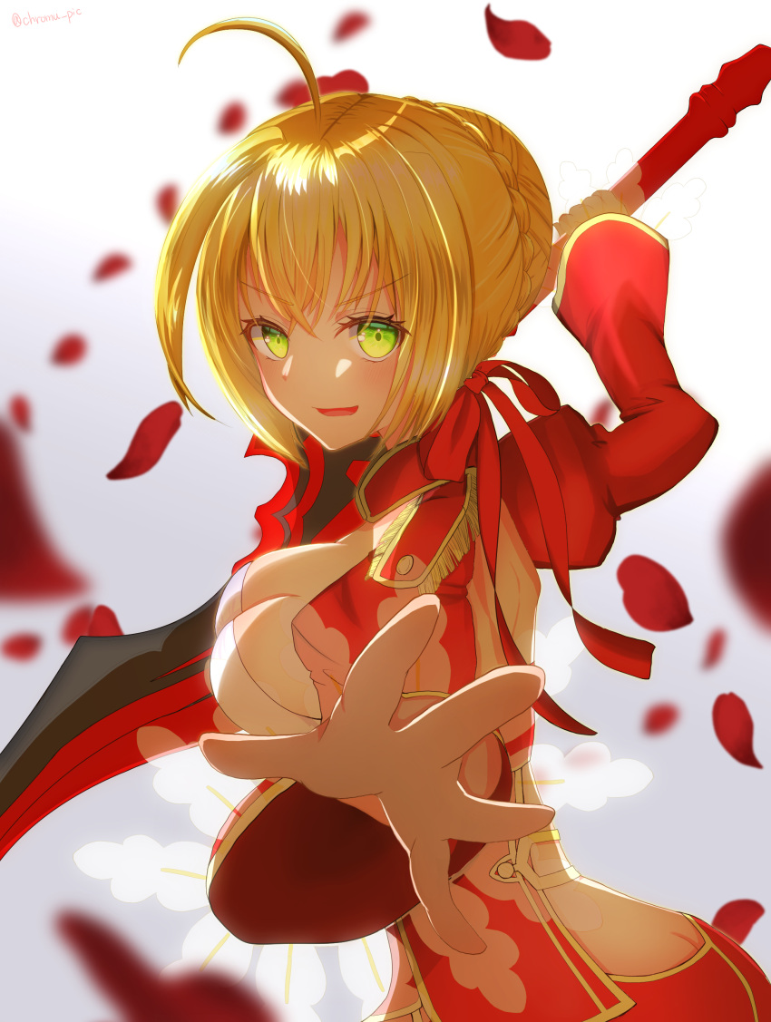 1girl aestus_estus ahoge blonde_hair braid breasts cleavage commentary_request dress epaulettes fate/extra fate/grand_order fate_(series) french_braid green_eyes hair_intakes hair_ribbon hakuun_chromu juliet_sleeves large_breasts long_sleeves nero_claudius_(fate) nero_claudius_(fate)_(all) puffy_sleeves red_dress red_ribbon ribbon saber_extra see-through solo sword weapon wide_sleeves