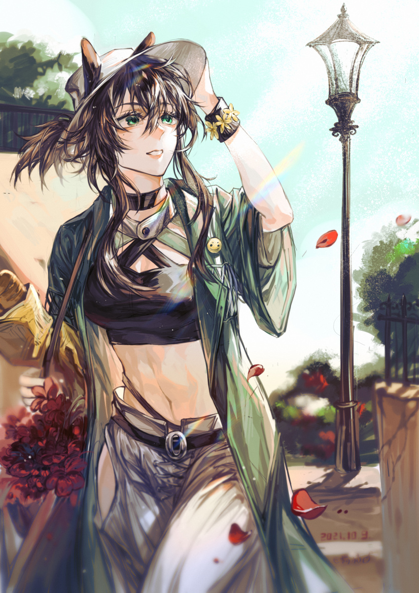 1girl absurdres animal_ears arknights arm_up belt black_belt black_choker black_shirt blue_sky brown_hair choker coat commentary_request cowboy_shot crop_top day ears_through_headwear green_coat green_eyes highres hip_vent horse_ears jumaodajituizi long_hair meteor_(arknights) meteor_(bard's_holiday)_(arknights) midriff navel open_clothes open_coat outdoors pants parted_lips petals shirt sky solo standing stomach white_headwear white_pants wristband