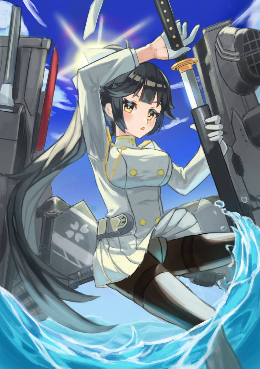 1girl absurdres azur_lane bow breasts brown_hair buttons double-breasted gloves high_ponytail highres jacket large_breasts lolpopvivi long_hair military military_uniform miniskirt naval_uniform orange_eyes pantyhose pleated_skirt sheath simple_background skirt solo takao_(azur_lane) uniform unsheathing very_long_hair white_bow white_gloves white_jacket white_skirt