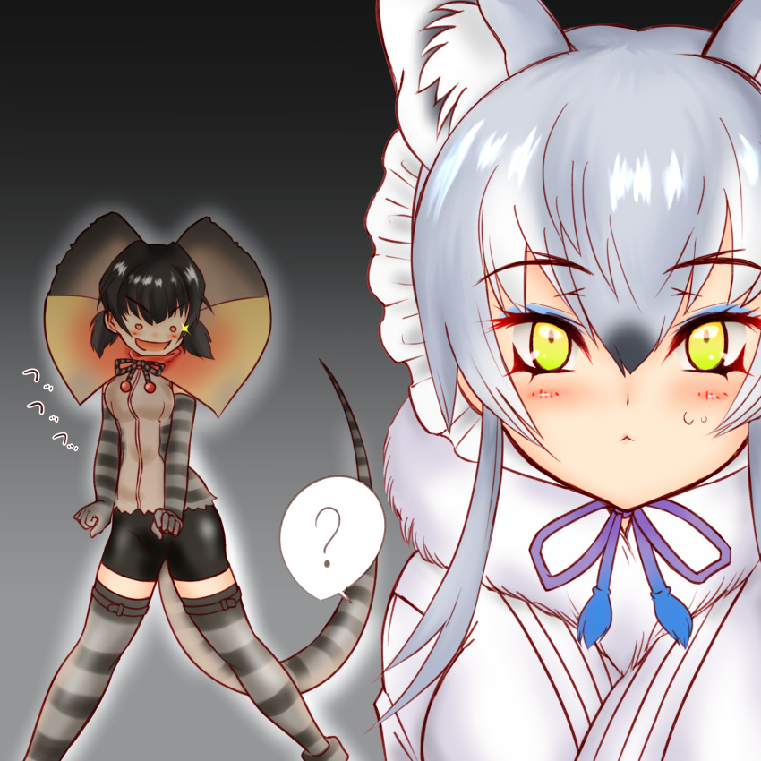 2girls :d ? animal_ear_fluff animal_ears bangs black_hair commentary_request drawstring elbow_gloves eyebrows_visible_through_hair eyelashes frilled_lizard_(kemono_friends) frills fur_collar gloves green_eyes grey_hair hair_between_eyes hair_intakes hakumaiya highres kemono_friends legs_apart lizard_tail looking_at_another looking_at_viewer makami_(kemono_friends) medium_hair multicolored_hair multiple_girls o_o shiny shiny_hair shirt short_twintails shorts sleeveless sleeveless_shirt smile spoken_question_mark standing tail thigh-highs twintails wolf_ears