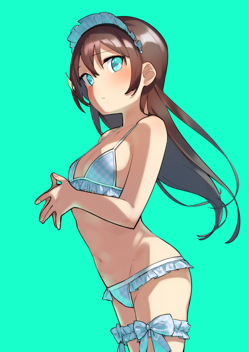 1girl absurdres aqua_background aqua_eyes arched_back bangs bare_arms bare_shoulders bikini blue_bikini blue_bow blush bow breasts bright_pupils brown_hair closed_mouth collarbone commentary cowboy_shot eyebrows_visible_through_hair fingers_together frilled_bikini frills from_side goe_(g-o-e) groin hair_between_eyes hair_ornament halter_top halterneck hands_up highres kagura_hikari leg_garter long_hair looking_at_viewer looking_to_the_side lowleg lowleg_bikini maid_headdress navel own_hands_together plaid plaid_bikini plaid_bow shoujo_kageki_revue_starlight sideways_glance simple_background small_breasts solo sparkle_hair_ornament standing stomach swimsuit thigh_bow