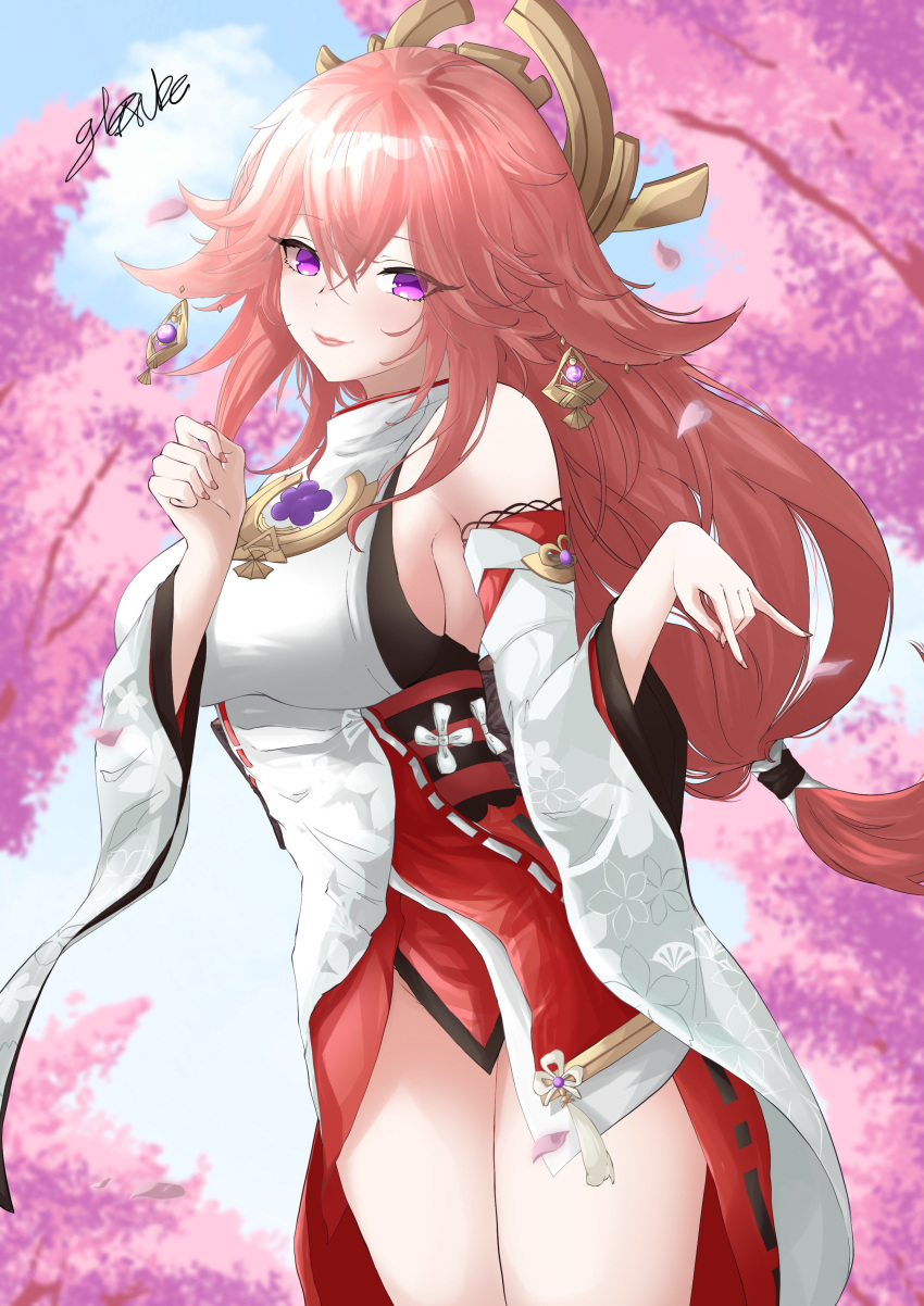 1girl absurdres animal_ears bangs bare_shoulders blush breasts detached_sleeves fingernails fox_ears fox_shadow_puppet genshin_impact hair_ornament highres japanese_clothes jewelry kimono large_breasts long_hair looking_at_viewer necklace parted_lips pendant pink_hair red_skirt sidelocks signature skirt sleeveless sleeveless_kimono smile solo thighs tree user_gxxf3347 very_long_hair violet_eyes white_kimono wide_sleeves yae_(genshin_impact)