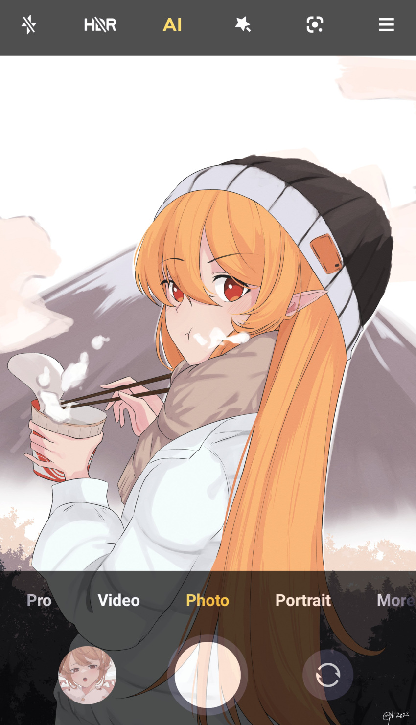 1girl absurdres bangs beanie beige_scarf black_headwear chopsticks clouds eating eyebrows_visible_through_hair hair_behind_ear hat highres holding holding_chopsticks jacket long_hair mount_fuji mountain nijisanji nijisanji_en parkiranhonda pointy_ears pomu_rainpuff sky solo very_long_hair virtual_youtuber white_jacket