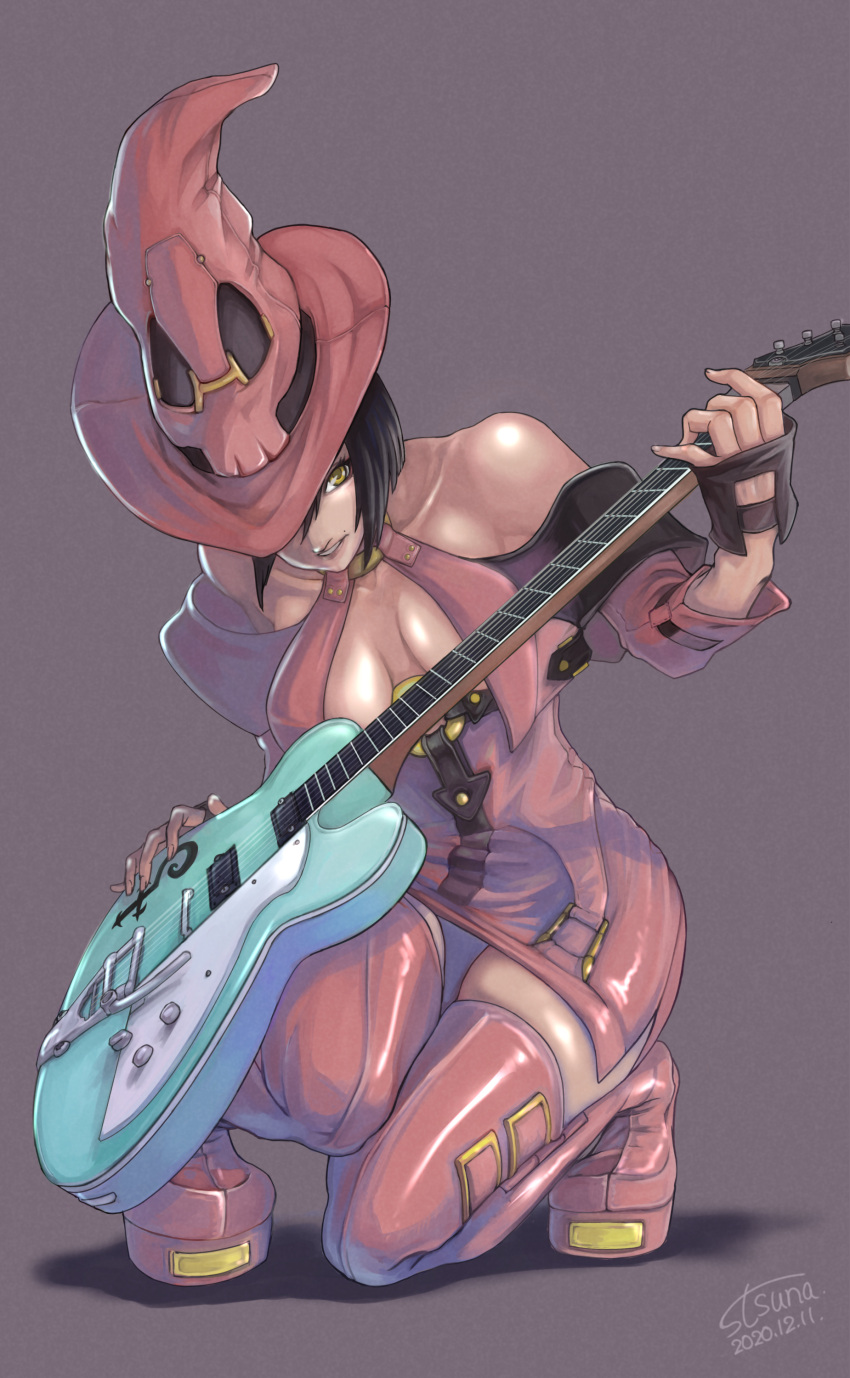 1girl absurdres bare_shoulders black_hair bob_cut boots breasts detached_sleeves dress electric_guitar fingerless_gloves gloves green_eyes guilty_gear guilty_gear_xrd guitar hat highres i-no instrument kneeling large_breasts mole mole_above_mouth plectrum red_footwear red_headwear short_dress short_hair signature skindentation solo thigh-highs thigh_boots tongue tsuna_(akmu8832) witch_hat