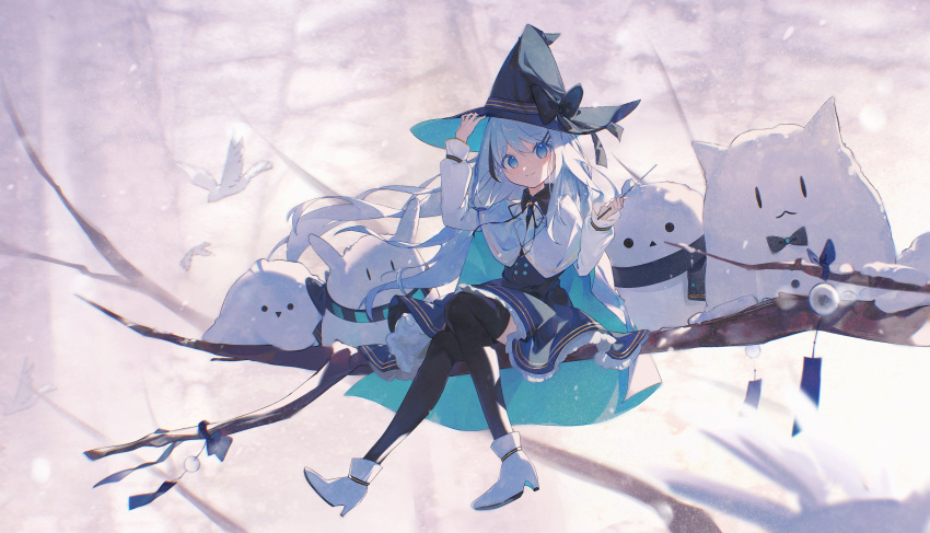 1girl absurdres amari bird black_legwear blue_eyes bow branch cape cat collar commentary dove hair_ornament hair_ribbon hairclip hat highres in_tree long_hair long_sleeves original ribbon scarf shoes sitting sitting_in_tree skirt snowman thigh-highs tree wand white_hair winter witch_hat