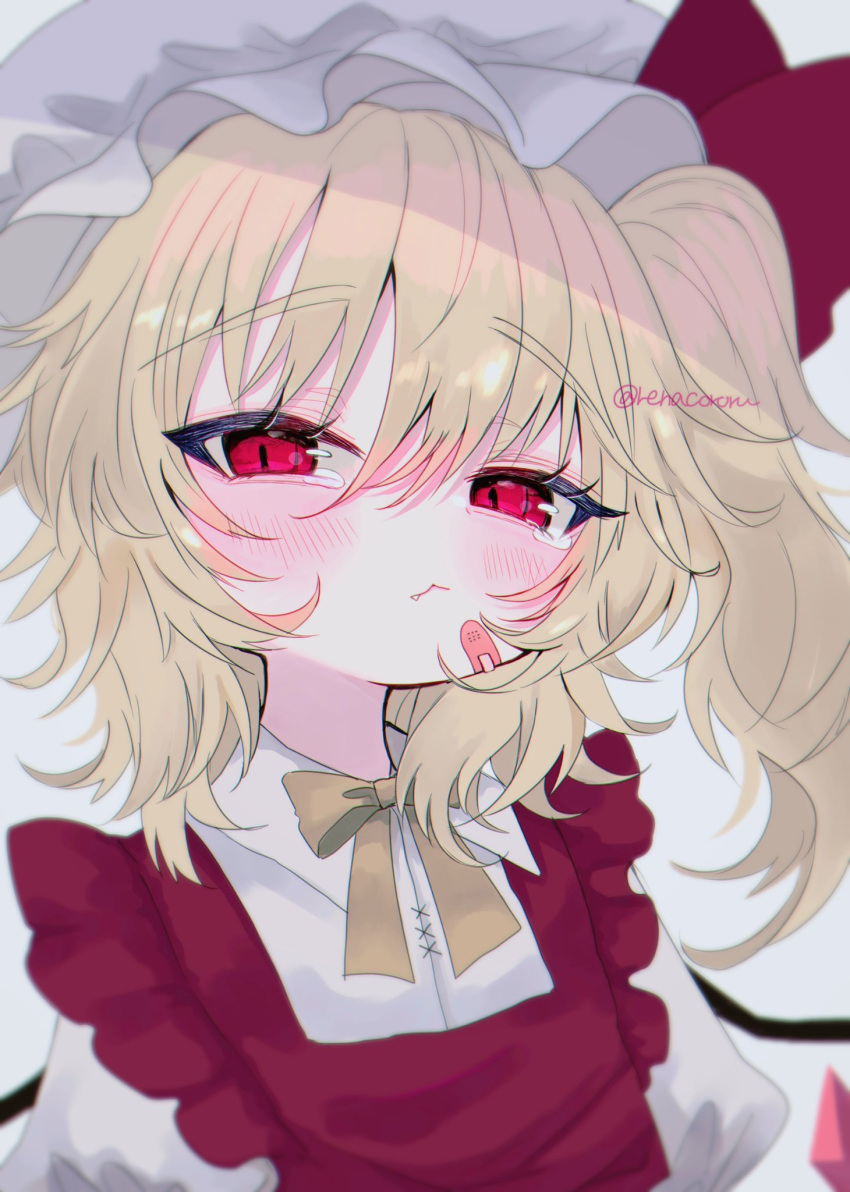 1girl bandaid bandaid_on_face bangs blonde_hair blush bow closed_mouth commentary_request crystal eyebrows_visible_through_hair eyelashes flandre_scarlet hair_between_eyes hat highres looking_at_viewer mob_cap neck_ribbon one_side_up puffy_short_sleeves puffy_sleeves red_bow red_eyes red_ribbon renakobonb ribbon short_hair_with_long_locks short_sleeves slit_pupils solo touhou twitter_username upper_body white_headwear wings yellow_ribbon