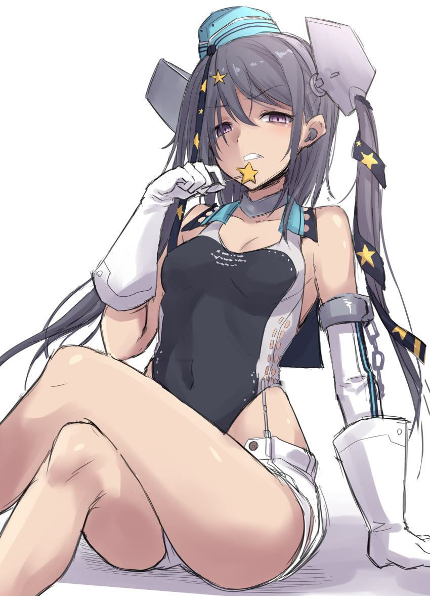 1girl absurdres aqua_headwear black_swimsuit blush candy clenched_teeth collarbone competition_swimsuit eyebrows_visible_through_hair feet_out_of_frame food garrison_cap gloves grey_hair hair_between_eyes hair_ornament hat headgear highleg highleg_swimsuit highres holding holding_candy holding_food kantai_collection kokutou_nikke long_hair one-piece_swimsuit scamp_(kancolle) short_shorts shorts side_ponytail simple_background solo star_(symbol) star_hair_ornament swimsuit teeth violet_eyes white_background white_gloves white_shorts