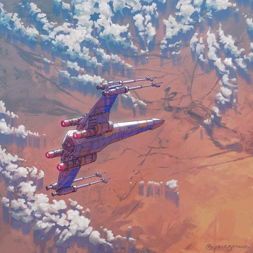 clouds flying highres no_humans science_fiction solo space_craft space_gooose star_wars starfighter t-65_x-wing thrusters twitter_username vehicle_focus x-wing