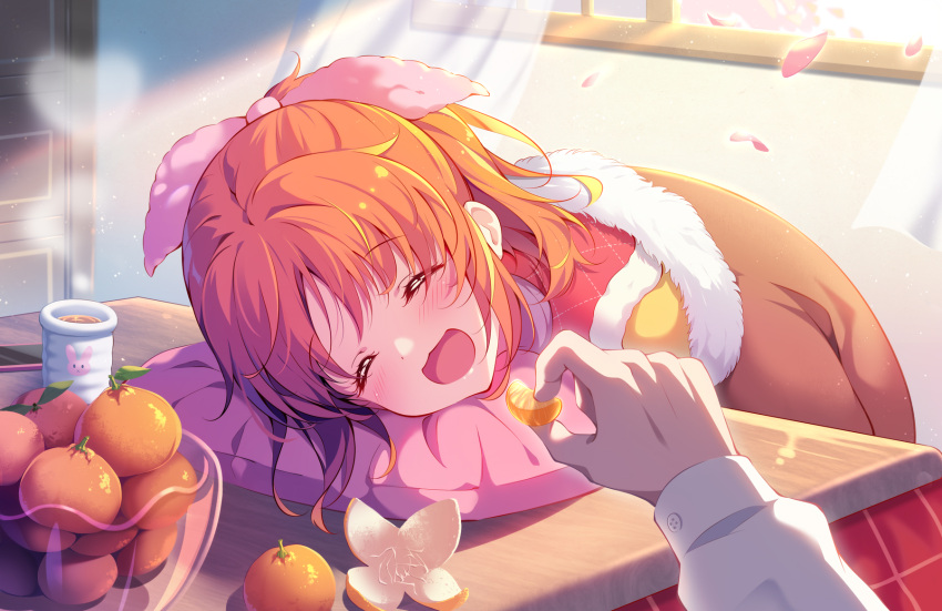 1girl :d ^_^ abe_nana closed_eyes cup curtains eyebrows_visible_through_hair food fruit hair_ribbon highres idolmaster idolmaster_cinderella_girls kagami_(galgamesion) kotatsu mandarin_orange open_mouth orange_hair petals pillow pink_ribbon revision ribbon short_hair smile solo_focus table tea teacup window