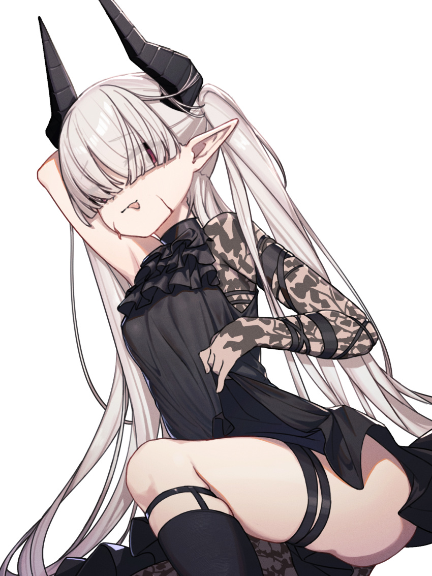 1girl :p arknights arm_behind_head arm_up bare_shoulders black_dress black_legwear breasts chained_sarkaz_girl closed_mouth commentary_request dress eyebrows_visible_through_hair eyes_visible_through_hair grey_hair hair_over_eyes highres horns long_hair mosoukeito pointy_ears red_eyes simple_background skindentation sleeveless sleeveless_dress small_breasts smile socks solo thigh_strap tongue tongue_out twintails very_long_hair white_background