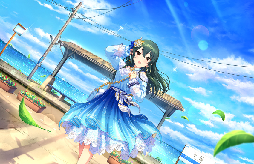 1girl artist_request bag bangs bare_shoulders blue_skirt blue_sky blush breasts brown_eyes clouds day earrings gradient_skirt green_hair hair_between_eyes hair_ornament idolmaster idolmaster_cinderella_girls idolmaster_cinderella_girls_starlight_stage jewelry lace-trimmed_skirt lace_trim leaf long_hair long_skirt long_sleeves looking_at_viewer ocean official_art ooishi_izumi open_mouth outdoors skirt sky smile solo sunlight