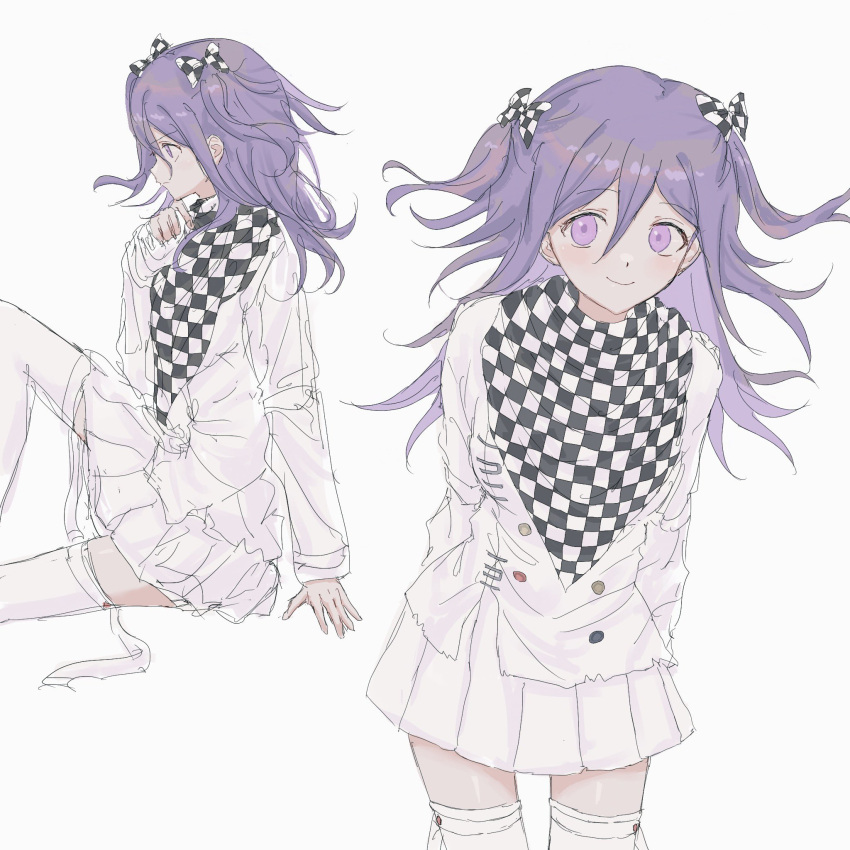 1girl arm_support arms_behind_back bangs bow buttons checkered_bow checkered_clothes checkered_scarf commentary_request cowboy_shot danganronpa_(series) danganronpa_v3:_killing_harmony double-breasted emuemu310 genderswap genderswap_(mtf) hair_between_eyes highres jacket knee_up long_hair long_sleeves male_focus multiple_views ouma_kokichi pink_eyes pleated_skirt profile scarf shiny shiny_hair simple_background sitting sketch skirt thigh-highs white_jacket white_skirt zettai_ryouiki