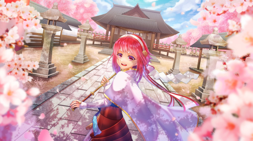 architecture bangs cherry_blossoms east_asian_architecture fire_emblem fire_emblem_fates highres holding holding_staff japanese_clothes looking_at_viewer medium_hair miko pink_hair red_eyes saboten_69 sakura_(fire_emblem) shrine staff