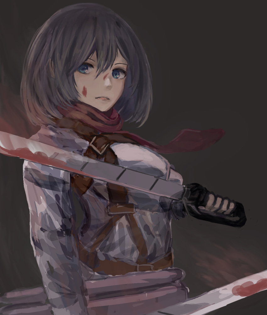 1girl absurdres bangs black_hair blue_eyes boots breasts brown_footwear brown_jacket commentary cropped_jacket emblem from_side hair_between_eyes highres holding holding_sword holding_weapon jacket knee_boots long_sleeves looking_at_viewer looking_to_the_side medium_breasts mikasa_ackerman military military_uniform open_clothes open_jacket pants paradis_military_uniform parted_lips pontania123 red_scarf scarf shingeki_no_kyojin shirt short_hair simple_background solo sword thigh_strap three-dimensional_maneuver_gear uniform weapon white_background white_pants white_shirt