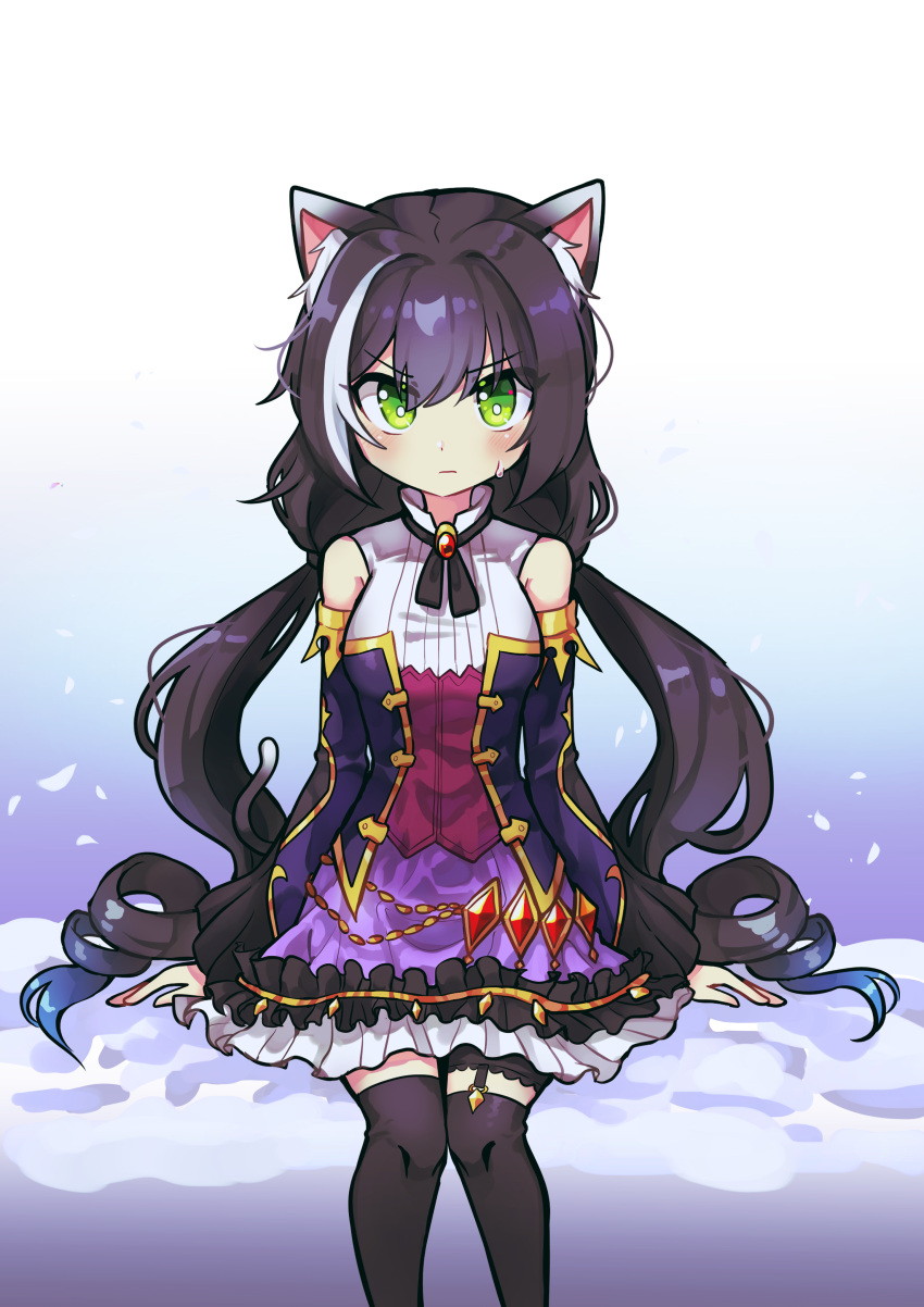 1girl absurdres animal_ears black_hair black_legwear blush cat_ears cat_girl cat_tail closed_mouth eyebrows_visible_through_hair garter_straps green_eyes highres karyl_(princess_connect!) long_hair looking_at_viewer low_twintails multicolored_hair over-kneehighs princess_connect! s2offbeat solo streaked_hair tail thigh-highs twintails very_long_hair white_hair