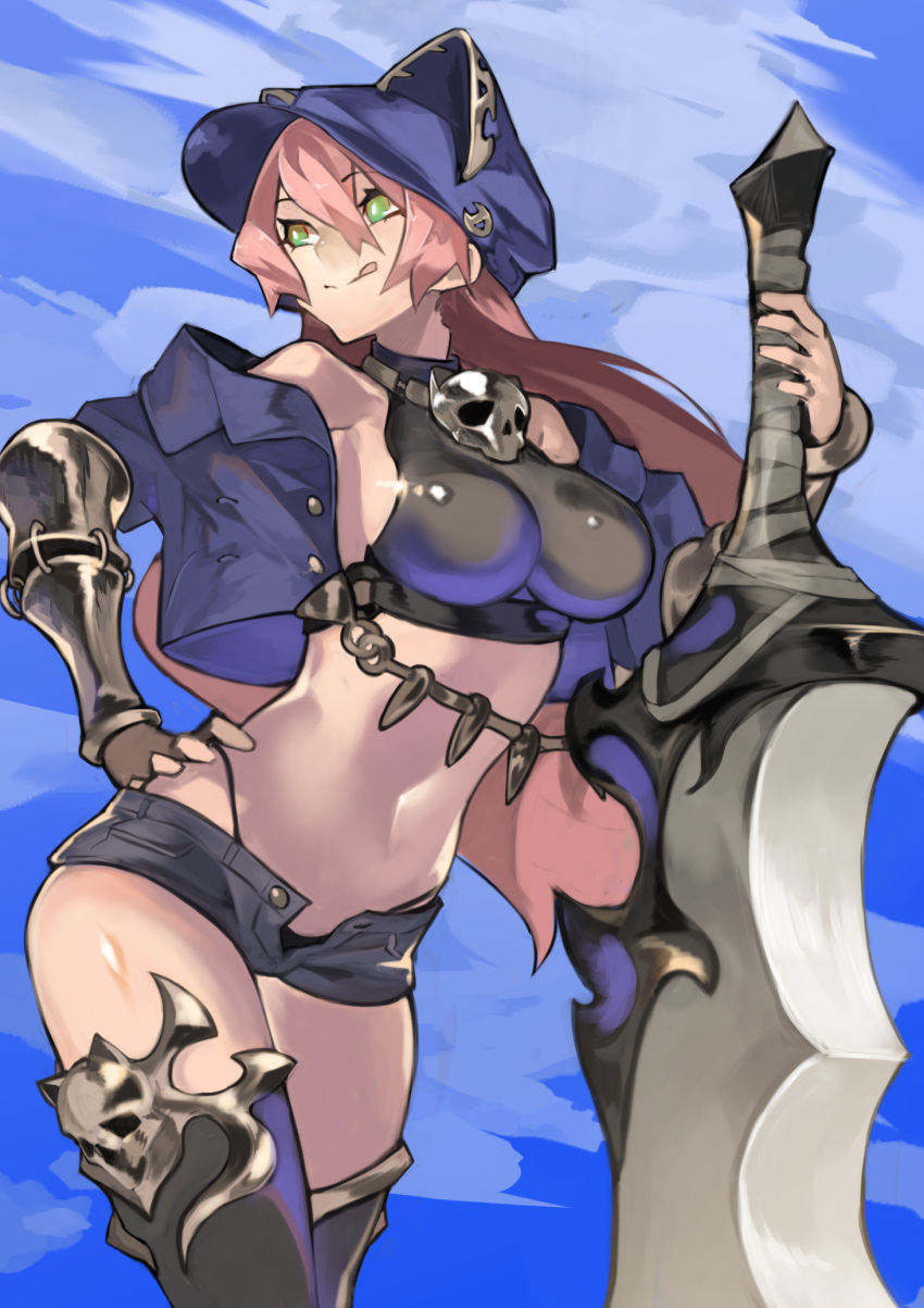 1girl animal_ear_headwear balance_(superdust) black_legwear black_shirt blue_headwear blue_jacket blue_sky breasts closed_mouth clouds commentary_request cowboy_shot crop_top cropped_jacket eyebrows_visible_through_hair green_eyes hand_on_hip highleg highleg_panties highres holding holding_sword holding_weapon huge_weapon jacket large_breasts licking_lips long_hair navel open_clothes open_jacket original outdoors panties pink_hair shirt skull_necklace sky sleeveless sleeveless_shirt solo stomach sword thigh-highs tongue tongue_out underwear vambraces weapon