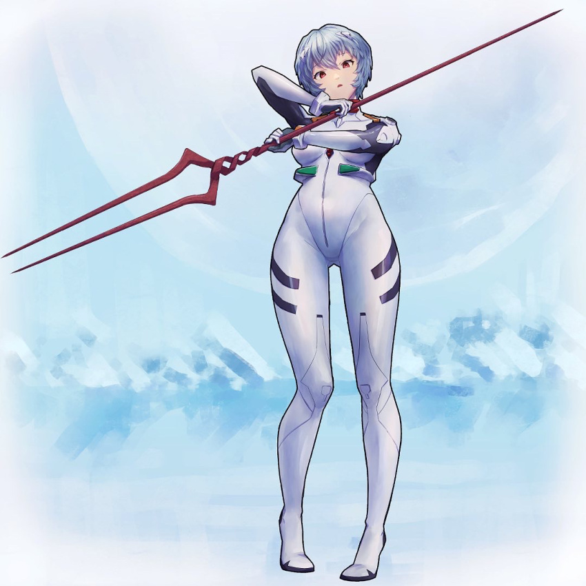 1girl ayanami_rei bangs blue_hair bmo_art bodysuit breasts commentary full_body hair_between_eyes heel_up holding holding_weapon interface_headset lance lance_of_longinus looking_at_viewer looking_down medium_breasts neon_genesis_evangelion parted_lips pilot_suit plugsuit polearm red_eyes short_hair solo standing thigh_gap tiptoes two-handed weapon white_bodysuit