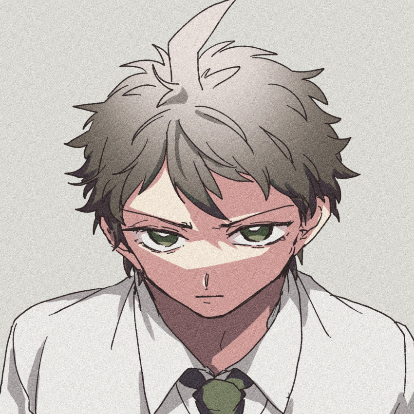 1boy ahoge bangs brown_eyes brown_hair closed_mouth collared_shirt danganronpa_(series) danganronpa_2:_goodbye_despair grey_background highres hinata_hajime male_focus mi_cha_iru portrait serious shirt short_hair simple_background solo white_shirt