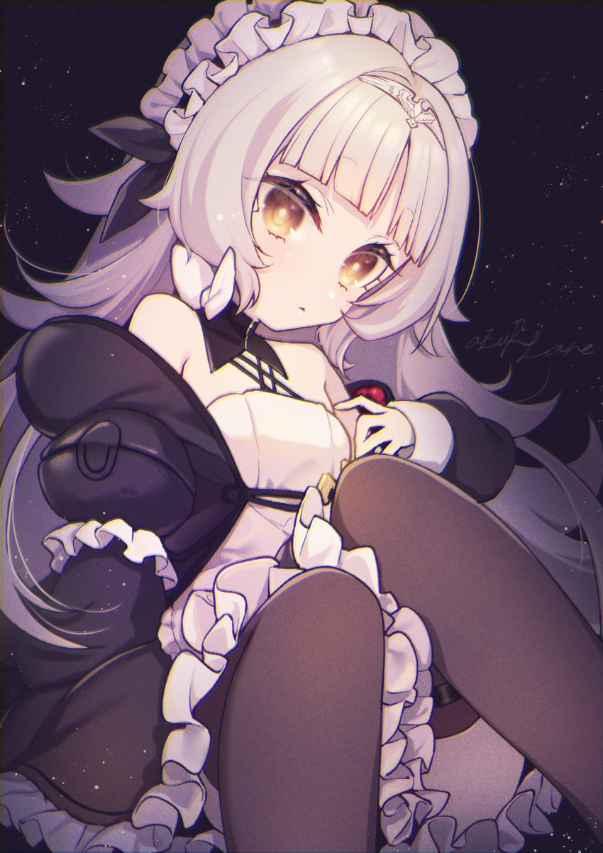 1girl absurdres alternate_costume azur_lane bare_shoulders black_dress brown_legwear dress enmaided frilled_dress frills hair_ornament hairpin highres long_hair looking_at_viewer maid maid_headdress night night_sky noko official_alternate_costume puffy_sleeves sky solo thigh-highs thigh_strap two-tone_dress very_long_hair white_dress white_hair yellow_eyes z46_(azur_lane) z46_(chronicles_of_the_dust_war)_(azur_lane)