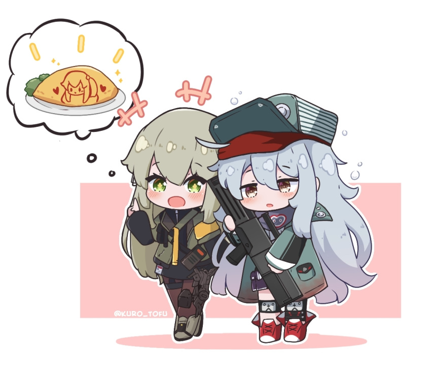 +_+ 2girls ahoge assault_rifle bangs black_dress blush brown_eyes brown_footwear brown_jacket brown_legwear character_request colored_shadow commission dress eyebrows_visible_through_hair flat_cap food g11_(girls'_frontline) girls_frontline green_eyes green_headwear green_jacket grey_hair gun h&amp;k_g11 hair_between_eyes hand_up hat holding holding_gun holding_weapon index_finger_raised jacket kurotofu multiple_girls notice_lines object_namesake omurice pantyhose parted_lips pink_background red_footwear rifle shadow shoes spoken_food twitter_username two-tone_background weapon white_background