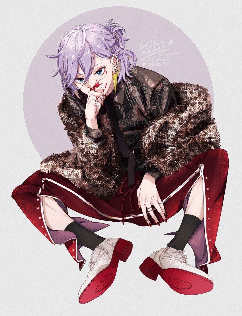 1boy androgynous blood blood_on_face blue_eyes con_potata ear_piercing epel_felmier full_body highres nail_polish pale_skin piercing purple_hair short_ponytail solo twisted_wonderland