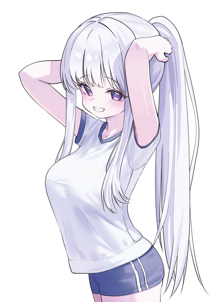 1girl ayatsuno_yuni bare_arms blue_shorts breasts commentary_request cowboy_shot from_side grin gym_shirt gym_shorts gym_uniform highres kkilnyan korean_commentary long_hair looking_at_viewer looking_to_the_side ponytail second-party_source shirt short_shorts shorts simple_background smile solo standing stellive straight_hair very_long_hair violet_eyes virtual_youtuber white_background white_hair white_shirt