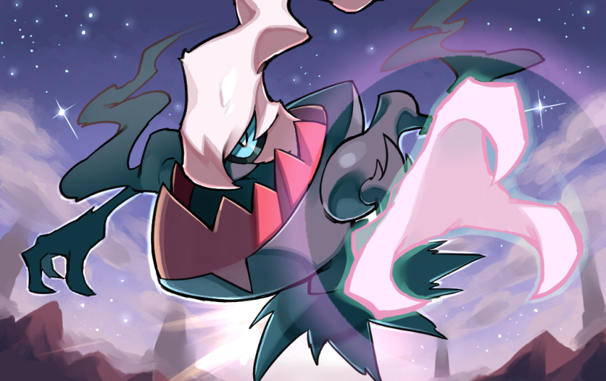 aqua_sclera black_eyes bright_pupils colored_sclera commentary_request darkrai from_below hyou_(hyouga617) looking_at_viewer night no_humans outdoors pokemon pokemon_(creature) sky solo white_pupils