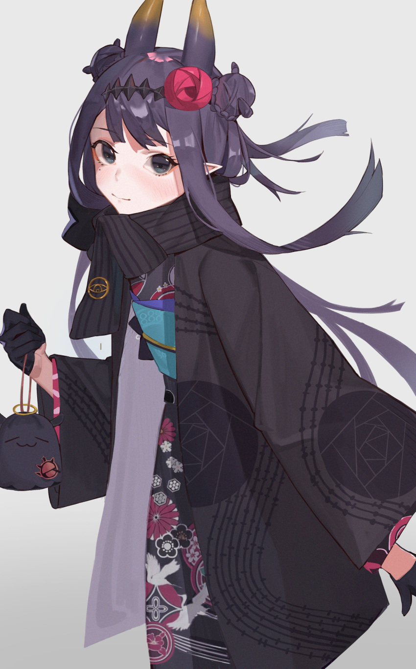 1girl absurdres bangs black_eyes black_gloves black_hair black_kimono black_scarf blunt_bangs braid braided_bun commentary english_commentary floral_print flower gloves hair_flower hair_ornament half_gloves haori headpiece highres hololive hololive_english horns japanese_clothes jia_ma kimono long_hair long_sleeves looking_at_viewer mole mole_under_eye ninomae_ina'nis official_alternate_costume pointy_ears pouch print_kimono red_flower scarf shippou_(pattern) simple_background smile solo striped striped_scarf tako_(ninomae_ina'nis) virtual_youtuber white_background
