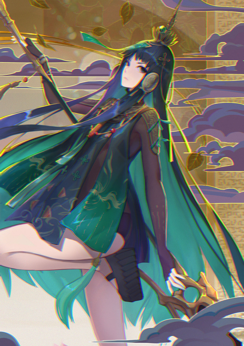 1girl bangs black_footwear black_gloves china_dress chinese_clothes chromatic_aberration closed_mouth dress fingerless_gloves gloves green_eyes green_hair hair_between_eyes hair_ornament highres holding holding_polearm holding_weapon long_hair long_sleeves looking_at_viewer niaodao_zhenjun polearm punishing:_gray_raven qu shoe_soles shoes solo weapon