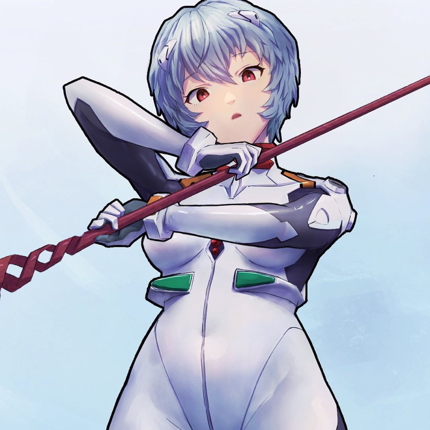 1girl ayanami_rei bangs blue_hair bmo_art bodysuit breasts commentary from_below hair_between_eyes holding holding_weapon interface_headset lance lance_of_longinus looking_at_viewer looking_down medium_breasts neon_genesis_evangelion parted_lips pilot_suit plugsuit polearm red_eyes short_hair solo standing two-handed weapon white_bodysuit