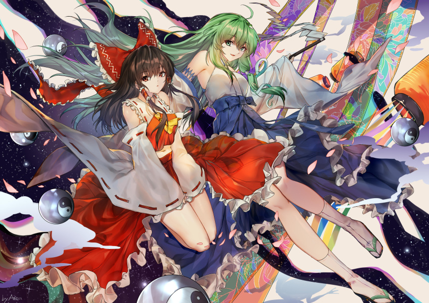 2girls :d absurdres ahoge arisu_(wangyunqiu) ascot bangs black_hair blue_skirt bow detached_sleeves eyebrows_visible_through_hair frilled_skirt frills full_body gohei green_eyes hair_bow hair_tubes hakurei_reimu highres holding kochiya_sanae long_hair looking_at_viewer medium_hair multiple_girls navel nontraditional_miko open_mouth orb petals red_bow red_eyes red_shirt red_skirt ribbon-trimmed_sleeves ribbon_trim sandals shirt skirt sky smile star_(sky) starry_sky touhou white_shirt wide_sleeves yellow_ascot yin_yang yin_yang_orb