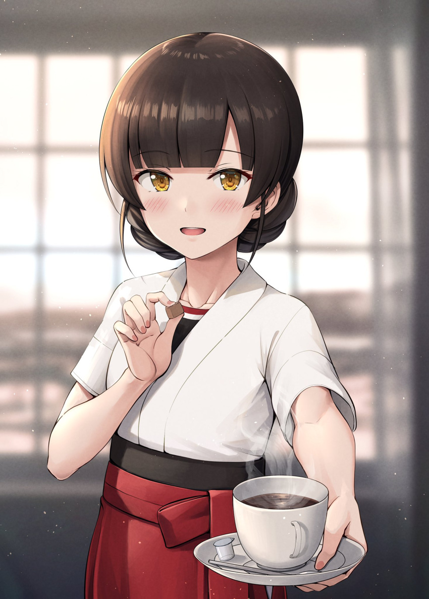 1girl black_hair blurry blurry_background blush brown_eyes coffee collarbone cup dougi eyebrows_visible_through_hair hakama highres holding ichikawa_feesu japanese_clothes kantai_collection looking_at_viewer open_mouth red_hakama short_hair short_sleeves smile solo teeth upper_body upper_teeth yawata_maru_(kancolle)