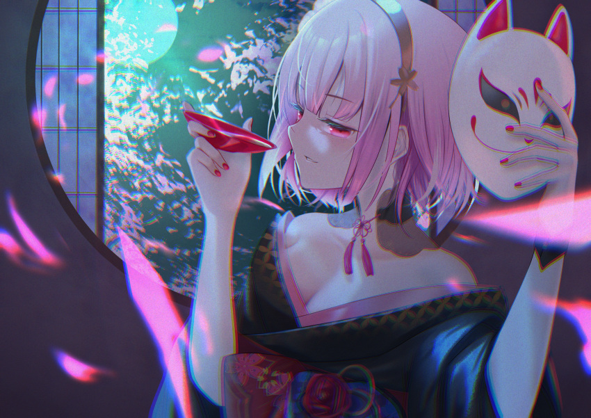 1girl bangs black_hairband black_kimono breasts chromatic_aberration commentary cup detached_collar eyebrows_visible_through_hair fox_mask full_moon hairband highres holding holding_cup holding_mask hololive hololive_english japanese_clothes kimono mask moon mori_calliope nail_polish off_shoulder official_alternate_costume parted_lips pink_eyes pink_hair red_nails round_window sakazuki short_hair solo upper_body virtual_youtuber window yoruillust