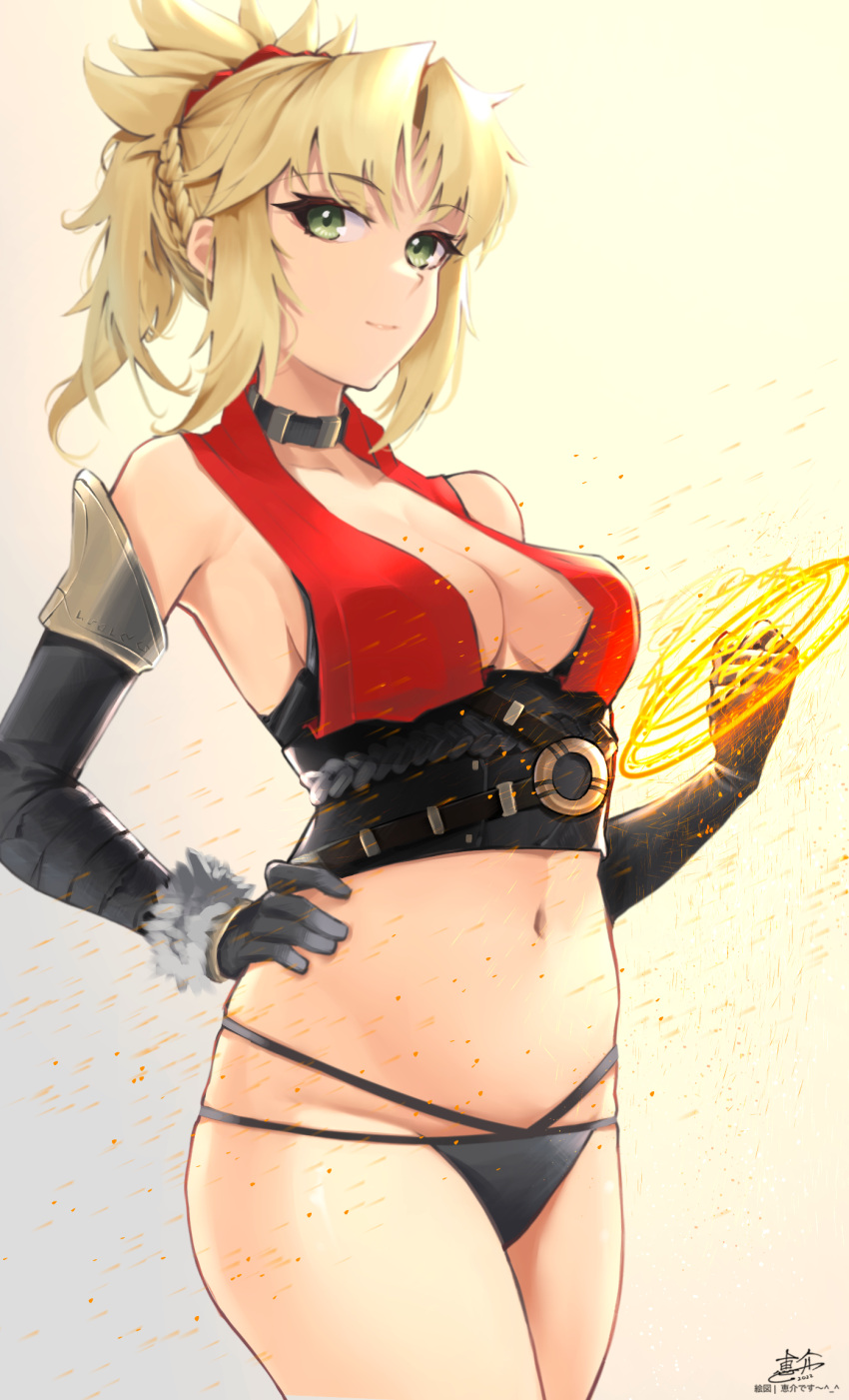 1girl blonde_hair braid breasts cowboy_shot elbow_gloves fate/apocrypha fate/grand_order fate_(series) french_braid gloves green_eyes hair_ornament hair_scrunchie hand_on_hip highres keisuke_desu~ looking_at_viewer magic_circle medium_breasts midriff mordred_(fate) mordred_(fate/apocrypha) no_pants ponytail red_scrunchie scrunchie short_ponytail sleeveless smile solo