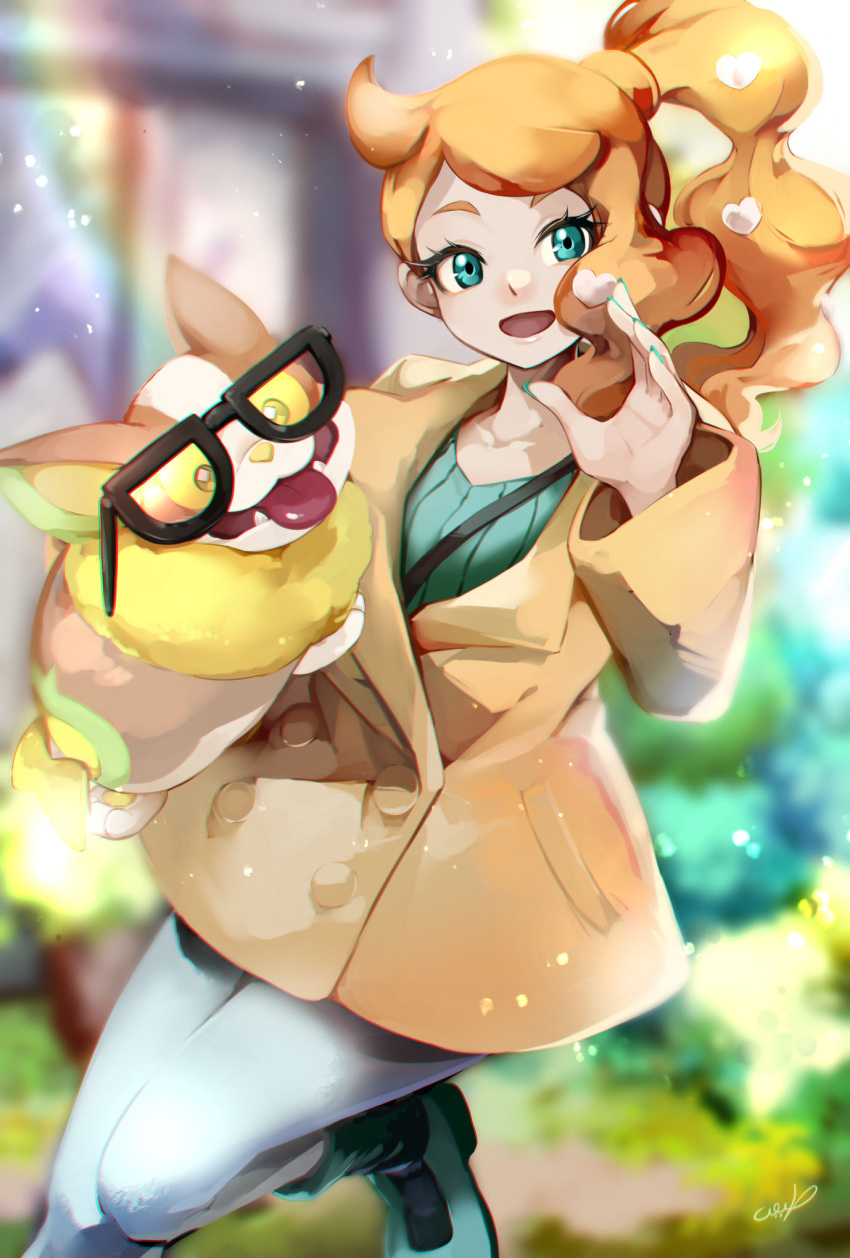 1girl :d bespectacled blurry boots brown_coat buttons coat commentary_request glasses green_eyes green_footwear green_nails green_shirt hair_ornament hand_up heart heart_hair_ornament high_heel_boots high_heels highres holding holding_pokemon kandori_makoto long_hair nail_polish open_mouth orange_hair pants pokemon pokemon_(creature) pokemon_(game) pokemon_swsh ribbed_shirt shirt side_ponytail smile sonia_(pokemon) tied_hair yamper