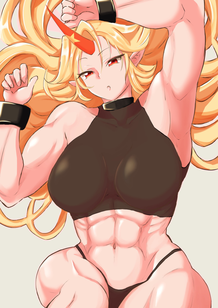 1girl abs absurdres alternate_costume arm_up armpits bangs black_panties black_sports_bra blonde_hair breasts commentary_request cowboy_shot cuffs eyebrows_visible_through_hair fugaku_(miko_no_miyatsuguchi) grey_background highres horns hoshiguma_yuugi large_breasts long_hair looking_at_viewer muscular muscular_female open_mouth panties pointy_ears red_eyes simple_background single_horn solo sports_bra touhou underwear