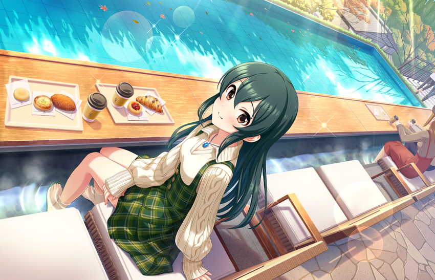 1girl artist_request autumn autumn_leaves bangs barefoot blush breasts brown_eyes coffee_mug croissant cup day food green_hair hair_between_eyes high-waist_skirt idolmaster idolmaster_cinderella_girls idolmaster_cinderella_girls_starlight_stage jewelry leaf long_hair long_sleeves maple_leaf mug nature official_art ooishi_izumi outdoors partially_submerged pendant plaid plaid_skirt sitting skirt smile soaking_feet solo_focus suspender_skirt suspenders sweater table tray tree underbust water