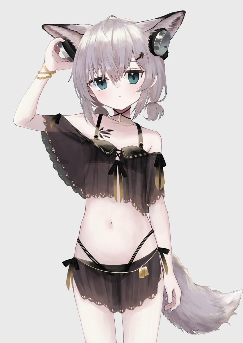 1girl absurdres animal_ears arknights bangs bare_shoulders bikini blue_eyes blush bracelet brown_hair closed_mouth commentary_request flat_chest fox_ears fox_girl fox_tail highres jewelry off-shoulder_bikini off_shoulder official_alternate_costume oripathy_lesion_(arknights) short_hair solo sussurro_(arknights) sussurro_(summer_flowers)_(arknights) swimsuit tail ten_can