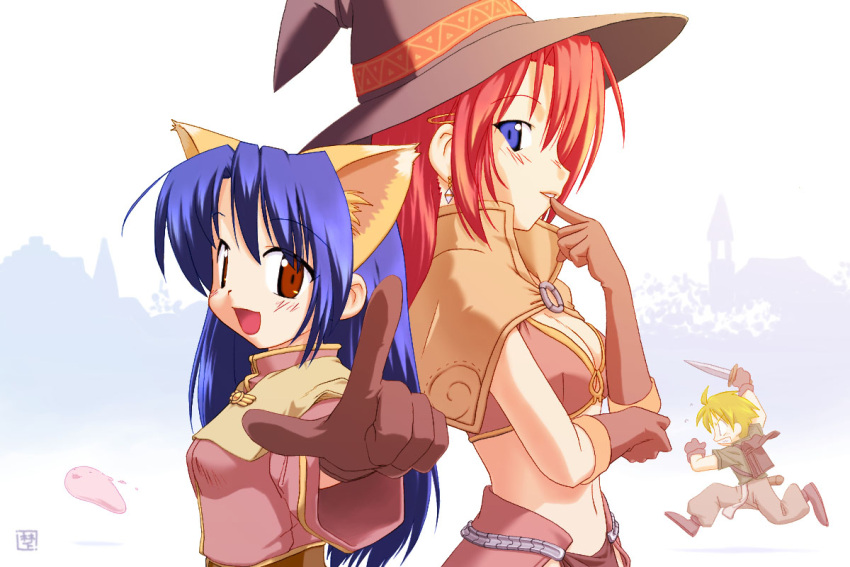 1boy 2000s_(style) 2girls acolyte_(ragnarok_online) animal_ears backpack bag bangs bikini bikini_top_only blonde_hair blue_eyes blue_hair blush breasts brown_bag brown_bikini brown_capelet brown_eyes brown_gloves brown_headwear brown_pants brown_skirt capelet cassock cat_ears closed_mouth commentary_request dagger earrings elbow_gloves eyebrows_visible_through_hair fumotono_mikoto gloves green_shirt hair_between_eyes hat holding holding_dagger holding_weapon jewelry knife large_breasts long_hair long_sleeves looking_at_viewer looking_to_the_side mage_(ragnarok_online) midriff multiple_girls navel novice_(ragnarok_online) open_mouth pants poring ragnarok_online redhead running shirt short_sleeves skirt slime_(creature) small_breasts smile swimsuit upper_body weapon witch_hat