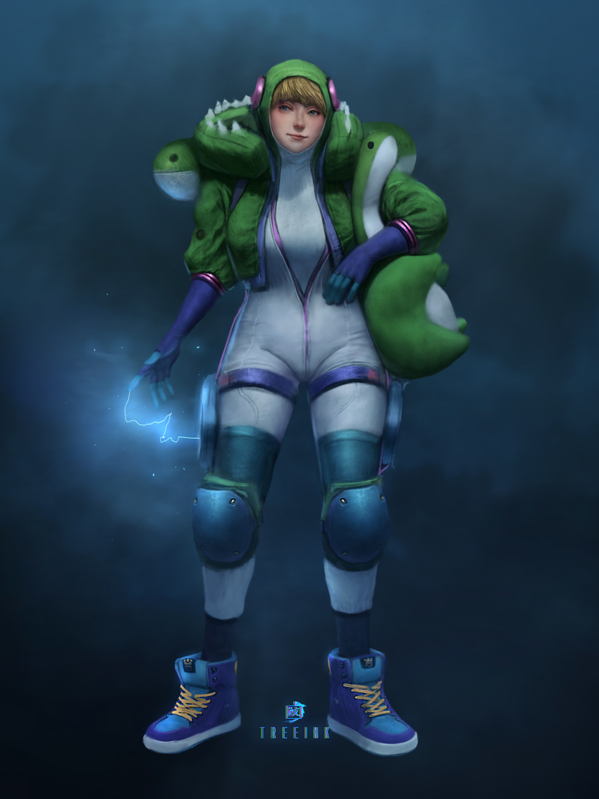 1girl absurdres alternate_costume apex_legends artist_name bangs blonde_hair blue_background blue_eyes blue_footwear blue_gloves blush bodysuit gloves green_jacket grey_bodysuit highres holding holding_stuffed_toy jacket knee_pads looking_to_the_side nessie_(respawn) shoes smile sneakers solo stuffed_toy treeink wattson_(apex_legends)