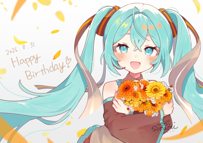 1girl absurdres birthday blue_eyes blue_hair blurry blurry_background blush collared_shirt commentary_request dated detached_sleeves falling_petals flower hair_ribbon happy_birthday hatsune_miku headset highres holding holding_flower long_hair long_sleeves looking_at_viewer open_mouth petals ribbon shirt sleeveless sleeveless_shirt smile solo sorami twintails very_long_hair vocaloid