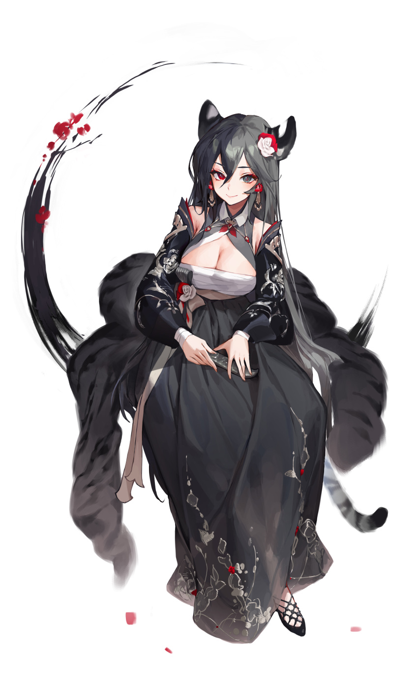 1girl absurdres animal_ears bangs black_eyes black_footwear black_skirt breasts charles_(106858) chest_sarashi commentary commentary_request detached_sleeves english_commentary full_body hair_between_eyes heterochromia highres holding large_breasts long_hair long_skirt long_sleeves looking_at_viewer original puffy_long_sleeves puffy_sleeves red_eyes sarashi shawl shoes skirt smile solo tail tiger_ears tiger_tail