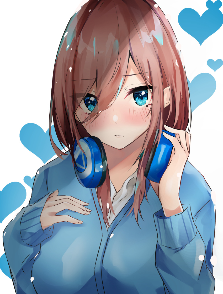 1girl absurdres blue_eyes blue_jacket blush brown_hair closed_mouth collared_shirt commentary_request eyebrows_visible_through_hair eyes_visible_through_hair go-toubun_no_hanayome hand_on_own_chest hands_up headphones headphones_around_neck heart highres jacket long_hair long_sleeves looking_at_viewer nakano_miku nanashinayuzu_mochi shirt simple_background sleeves_past_wrists solo upper_body white_shirt