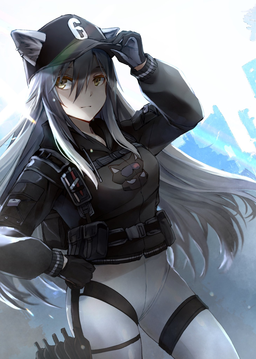 1girl animal_ears animal_print arknights backlighting bangs baseball_cap belt black_gloves breasts buckle cat_ears cat_print cityscape closed_mouth commentary_request cowboy_shot e-bushi ear_piercing ears_through_headwear from_side garter_straps gloves hair_between_eyes hand_on_headwear hand_on_hip hat highres lens_flare lens_flare_abuse light_particles light_smile long_hair long_sleeves looking_at_viewer pants piercing pullover schwarz_(arknights) sidelocks single_garter_strap solo tactical_clothes thigh_strap white_hair white_legwear white_pants yellow_eyes