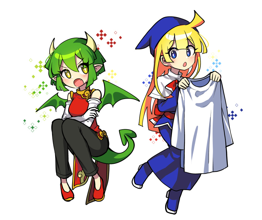 2girls absurdres black_pants blonde_hair blue_eyes blue_footwear blush boots china_dress chinese_clothes crossed_arms draco_centauros dragon_girl dragon_horns dragon_tail dragon_wings dress elbow_gloves eyebrows_visible_through_hair fang gloves green_hair high_heel_boots high_heels highres horns long_hair looking_at_another multiple_girls open_mouth pants pointy_ears puyopuyo red_dress red_footwear s2offbeat short_hair sleeveless sleeveless_dress tail very_long_hair white_gloves wings witch_(puyopuyo) yellow_eyes