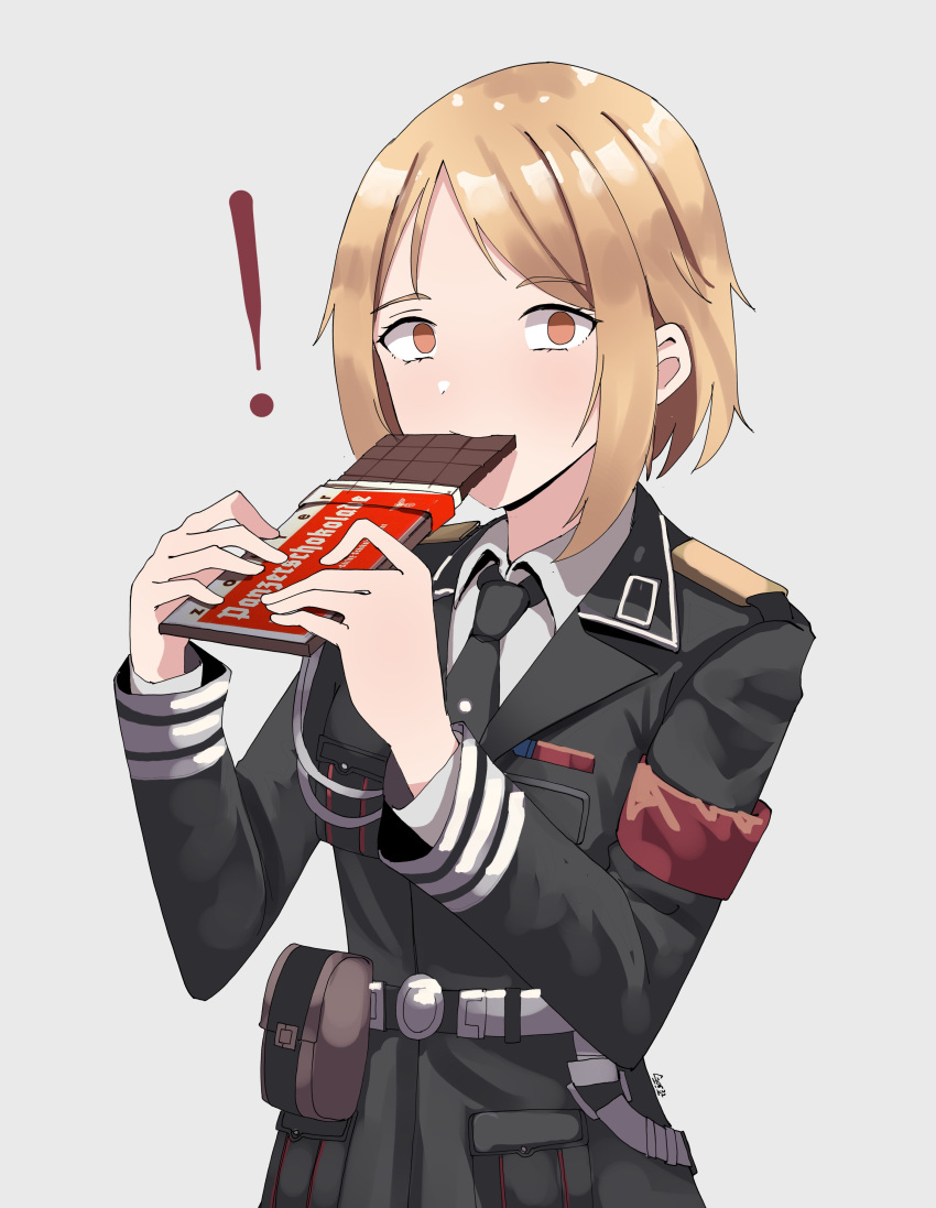 ! 1girl absurdres belt belt_pouch black_coat black_necktie blonde_hair brown_eyes candy character_request check_character chocolate chocolate_bar coat collared_shirt commentary eating empty_eyes food gar32 girls_frontline grey_background highres holding holding_chocolate holding_food long_sleeves looking_at_viewer medium_hair military military_uniform mp40_(girls'_frontline) nazi necktie original pouch red_armband shirt signature simple_background solo surprised uniform upper_body